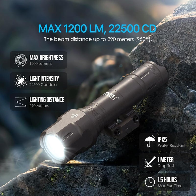 Feyachi Rifle Light 1200LM 22500Candela WL25 Tactical AR Flashlight LED Outdoor Light with Pressure Switch & Picatinny/Mlock Rail Mount, 3 Modes - High/Low/Strobe - Image 2